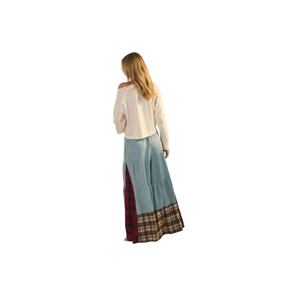 ODDI Plaid & Chambray Tiered Wide Leg Elastic Waist Pant NWT Size Small - Picture 2 of 8